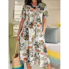 Season:Summer,Spring; Fabric:Cotton Blend,Linen; Sleeve Length:Short Sleeve; Look After Me:Machine wash; Gender:Women's; Style:Casual,Basic; Elasticity:Micro-elastic; Occasion:Outdoor,Daily,Vacation; Fit Type:Loose Fit; Dresses Type:Cotton Summer Dress,Casual Dress; Pattern:Flower,Floral; Design:Print,Pocket; Neckline:V Neck; Front page:FF; Listing Date:02/15/2023; Production mode:External procurement; 2024 Trends:2023; Bust:; Length:; Sleeve:; Fit US Size:; Fit UK Size:; Fit EU Size:; Dress Len Casual Multicolor Floral Dress For Summer, Casual Multicolor Buttoned Dresses, Casual Multicolor Dresses With Buttons, Casual Floral Printed Dress For Day Out, Casual Short Sleeve Summer Floral Dress, Casual Short Sleeve Floral Summer Dress, Casual Summer Dresses With Plant Print, Casual Multicolor Floral Dress For Vacation, Casual Multicolor Floral Beach Dress