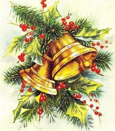 an old fashioned christmas card with bells and holly wreaths on the front, in german