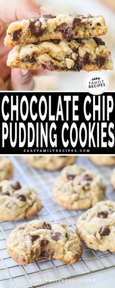 chocolate chip pudding cookies stacked on top of each other with text overlay that reads, chocolate chip pudding cookies