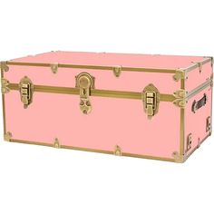 a pink suitcase with gold handles on a white background