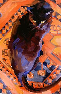 a painting of a black cat sitting on top of an orange object