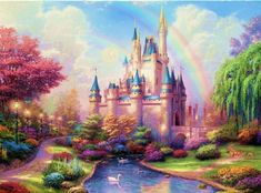 a painting of a castle with a rainbow in the background