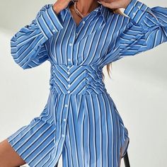 Size Xs With Cinched Waist Black, White, And Blue Stripes So Perfect For Game Days, Work, Or Anything Casual! New With Tags, Never Worn Striped Fitted V-neck Shirt Dress, Striped V-neck Fitted Shirt Dress, Fitted Striped V-neck Shirt Dress, Striped Fitted Shirt Dress For Beach, Fitted Striped Shirt Dress With Buttons, Fitted Striped Shirt Dress For Day Out, Fitted Mini Shirt Dress For Beach, Striped Mini Dress With Buttons, Striped Mini Dresses With Buttons