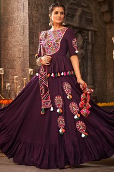 Navratri Special Purple Color Embroidered Work On Viscose Rayon Fabric ચણીયા ચોલી, Garba Dress, Navratri Garba, Navratri Dress, Navratri Chaniya Choli, Lehenga Designs Simple, Choli Designs, Navratri Special, Party Wear Indian Dresses