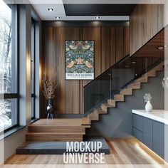 the stairs in this modern house are made of wood and glass, with an artistic painting on the wall