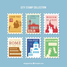 stamps with different countries on them and the words city stamp collection in red, green, blue