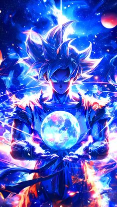 an anime character holding a crystal ball in his hands and surrounded by fire, stars and planets