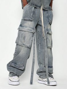 Washed Faded Baggy Fit Pull On Cargo Jean Blue    Denim  Straight Leg Non-Stretch  Men Clothing, size features are:Bust: ,Length: ,Sleeve Length: Bow Shorts, Baddie Tips, Jeans Cargo, Tomboy Outfits, Loose Fit Jeans, Mens Cargo, Elegant Dresses Long, Embroidered Shorts, Cargo Jeans