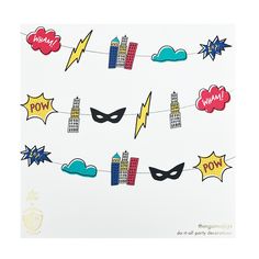 an image of a birthday card with superhero masks and buildings on the line that says happy