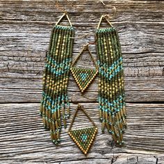 Triangle Drops Olive Turquoise and Gold Handwoven Brick - Etsy Bohemian Triangle Beaded Earrings, Adjustable Triangle Beaded Earrings, Beadwork Earrings, Beaded Fabric, Seed Beading, Brick Stitch Earrings, Turquoise And Gold, Fabric Beads, Triangle Earrings