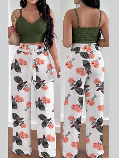 Multicolor Bohemio Collar   Floral,Plantas,Estampado Integral  Embellished No-Elástico 2pcs Set Women, Top And Wide Leg Pants, Split Hem Skirt, Pants With Elastic Waist, Backless Crop Top, Warm Leggings, Top Pants Set, Pantalon Large, Set Women