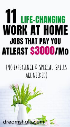 a vase with flowers in it and the words 11 life - changing work at home jobs that pay you at least $ 300 / m no experience & special skills are needed