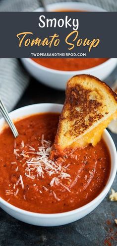 two bowls of tomato soup with grilled bread on top and text overlay that reads smoky tomato soup