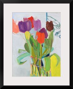 a painting of tulips in a glass vase