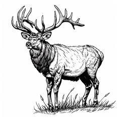 an elk standing in the grass with large antlers