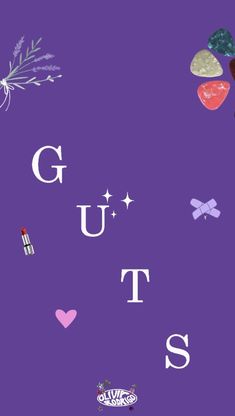 the words guts are written in different languages on a purple background with hearts and flowers