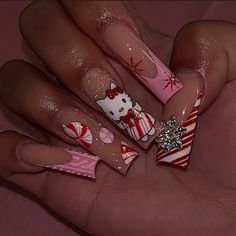 #naildesign #christmasnailsart #nailart #hellokitty Hello Kitty Christmas Nails Acrylic, Airbrush Christmas Nails, Christmas Acrylic Nails Pink, Hello Kitty Christmas Nails Short, Christmas Freestyle Nails, Hello Kitty Nail Charms, Short Acrylic Nails Hello Kitty, Hello Kitty Nails Christmas, Christmas Nails Hello Kitty