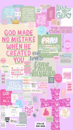 a collage of different types of words and symbols on a pink background with the words god made no make when he created you