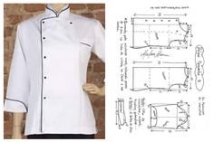 a white chef coat with black piping on the front and side, next to a drawing of an apron