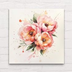 watercolor painting of pink flowers on white brick wall