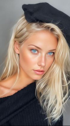 a beautiful blond woman with blue eyes wearing a black hat and posing for the camera