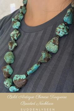 This piece of jewelry is hand strung out of antique Chinese turquoise beads.The rock shaped turquoise stones are bright blue and green with a show a spiderwebbing matrix in each stone.It is extraordinary! Artisan Turquoise Stones Necklace, Green Artisan Beaded Necklaces With Stones, Artisan Green Beaded Necklaces With Stones, Artisan Turquoise Stone Necklace, Artisan Beaded Turquoise Chrysocolla Necklace, Festival Turquoise Necklace With Natural Stones, Turquoise Chrysocolla Necklace With Stones, Turquoise Chrysocolla Stone Necklace, Artisan Turquoise Beaded Necklaces With Stones