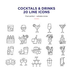 the cover of cocktails and drinks line icons