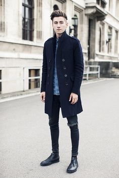 men's fashion #mensfashion Blue Denim Shirt, Burberry Coat, Mens Fashion Photography, Black Ripped Jeans, Men's Outerwear, Outfit Trends, Blue Coats