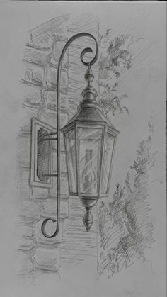 a drawing of a street light on the side of a building