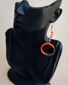 Fabric earringsLength: 4 inches Adjustable Orange Hoop Earrings, Orange Small Hoop Earrings With Ear Wire, Orange Small Hoop Bohemian Earrings, Circular Beaded Earrings, Indigo Cloth, African Indigo, Hoop Dangle Earrings, Fabric Earrings, Leather Box