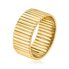 Ross-Simons - 14kt Yellow Gold Ribbed Ring Size 7. Boasting a chic ribbed silhouette, this eye-catching 14kt yellow gold ring spans the finger at 3/8" wide. A classic style that always elevates! 14kt yellow gold ribbed ring. Ribbed Ring, Rib Ring, Diamond Anklet, Italian Gold Jewelry, Mixed Metal Bracelets, Mixed Metal Rings, Pearl Strands Necklace, Pearl Anklet, Diamond Tennis Necklace