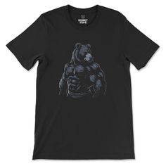 Majestic Bear Tee – Embody the Alpha - Hunky Tops Wolf Design Graphic Tee For Streetwear, Graphic Tee With Wolf Design For Streetwear, Streetwear Graphic Tee With Wolf Design, Black Wolf Design Short Sleeve Top, Black Short Sleeve Top With Wolf Design, Black Crew Neck Top With Wolf Design, Black Cotton T-shirt With Wolf Design, Black Cotton Top With Wolf Design, King Of The Forest