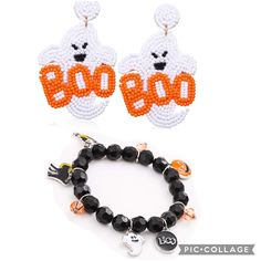 New And In The Package Beaded Ghost Halloween Earrings That Say Boo Comes With Black Velvet Bag Felt Back Comes With Extra Earring Back Black Beaded Charm Bracelet Stretchy Elastic White Beaded Bracelets For Halloween, White Beaded Bracelets For Halloween Gift, Handmade White Beaded Bracelets For Halloween, White Halloween Party Jewelry, Casual White Jewelry For Party, White Novelty Jewelry For Party, Novelty White Jewelry For Party, White Novelty Party Jewelry, White Dangle Jewelry For Halloween