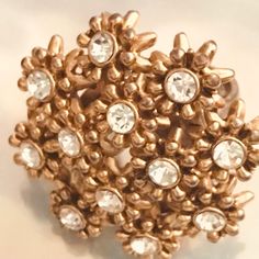 Gold Colored Crystal Rhinestone Embedded Bouquet Of Flower Floral Cluster Ring By Betsey Johnson Elegant Embellished Flower Jewelry, Elegant Flower Embellished Jewelry, Vintage Betsey Johnson, Ring Crystal, Betsey Johnson Jewelry, Color Crystal, Cluster Ring, Womens Jewelry Rings, Crystal Rhinestone