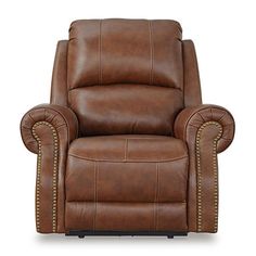 a brown recliner chair with nail accents on the armrests and back rest