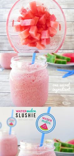 watermelon slushie in a mason jar with strawberries on the rim