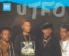 three men standing next to each other in front of a blue and black background with the word utfo on it