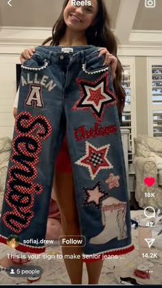 Senior Jeans Red White Black, School Spirit Jeans, Painted Jeans School Spirit, Senior Jeans Ideas, Spirit Jeans Ideas, Senior Jeans Ideas High Schools, Hoco Overalls, Senior Jeans Painted