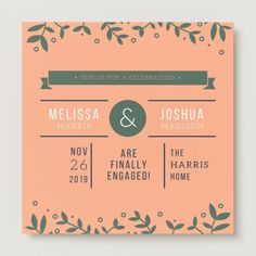 an orange and green wedding card with leaves on it