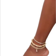 Lobster Claw Closure Solid Set Of 3 Rhinestones Chains Metallic Jewelry Length: 11 Inches Material: All Man-Made Material Gold Rhinestone Anklets For Party, Gold Anklets With Rhinestones For Party, Party Gold Anklets With Rhinestones, Gold Rhinestone Party Anklets, Adjustable Metal Anklets With Rhinestones, Adjustable Gold Crystal Anklets, Initial K, Metal Jewelry, 11 Inches