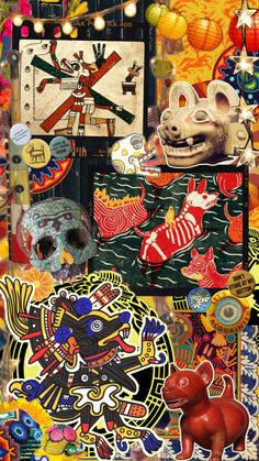 a collage of images with various items on them including masks, paintings and decorations