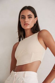 Alie Top Trendy Beige Crop Top With Built-in Bra, Beige Stretch Chic Crop Top, Chic Beige Stretch Crop Top, Beige Cotton Top With Built-in Bra, Beige Casual Tops With Built-in Bra, Casual Beige Tops With Built-in Bra, Chic Cotton Crop Top With Built-in Bra, Cream Cropped Top For Day Out, Cream Sleeveless Cotton Crop Top