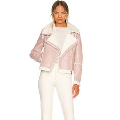 Rose Frost Pink Leather Jacket with White Fur Trendy Leather Jacket With Faux Fur Trim, Chic Pink Leather Jacket With Zipper Closure, Chic Pink Long Sleeve Biker Jacket, Chic Pink Leather Jacket For Fall, Chic Pink Biker Jacket, Chic Pink Leather Jacket For Spring, Pink Leather Jacket For Winter, Trendy Pink Outerwear With Faux Fur Lining, Chic White Leather Jacket For Winter