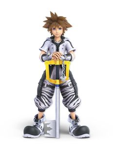 an action figure is posed on top of a metal pole and holding a yellow handle