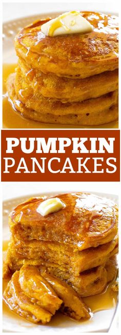 pancakes with syrup and butter on top are stacked up in the shape of pumpkins