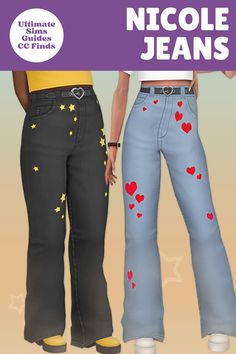 The Nicole Jeans are great if you love to add small details to clothes to make them more interesting. These cc jeans are fun with hearts or stars all over giving them a new vibe #TheSIms4 Small Detail, Sims 4 Cc, The Sims 4, The Sims