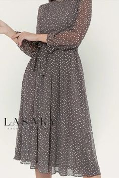 Lasaky - Exquisite Long-Sleeved Chiffon Dress with Elegant Black Polka Dot Lace Embroidery Black Long Sleeve Georgette Dress, Elegant Flowy Polka Dot Dress, Vestido Midi Outfit, Chic Long Sleeve Chiffon Dress For Work, Chic Long Sleeve Georgette Dresses, Polka Dot Chiffon Long Sleeve Dress, Long Sleeve Chiffon Dress With Polka Dots, Polka Dot Long Sleeve Chiffon Dress, Midi Outfit