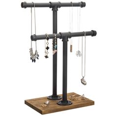 PRICES MAY VARY. 2 tier jewelry display stand with metal pipe t-bars and brown wood base **Some assembly required** Top bar can hold most opera-length necklaces (30 inches) or shorter, bottom bar great for hanging bracelets and watches **Jewelry not included** Occupies minimal space on a dresser, table or counter top Rugged metal pipes and wood base provide striking contrast for lustrous jewelry SPECS: Overall - 12.0 W x 6.75 D x 17.25 H; Base - 9.75 W x 6.75 D x 0.75 H; Small Tier - 9.75 H; Lar Rustic Jewelry Display, Jewelry Organizer Stand, Dresser Table, Countertop Surfaces, Jewelry Rack, Urban Rustic, Bar Jewelry, Black Pipe, Industrial Pipe