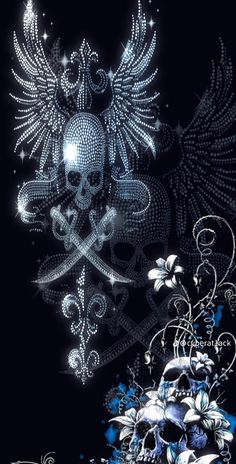 a skull and flowers on a black background