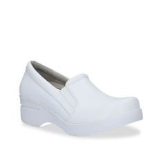 Easy Works by Easy Street-Leeza Slip-On The Leeza slip-on from Easy Works By Easy Street is a solid combination of style and comfort. The smooth upper is designed with padded topline to minimize the pressure on ankle while the orthotic insole offers cushioning and impact resistance. White Synthetic Closed Toe Slip-ons, White Synthetic Slip-ons With Ortholite Insole, Comfortable White Slip-ons, White Slip-on Shoes, White Comfortable Slip-ons With Removable Insole, White Synthetic Round Toe Slip-ons, White Synthetic Slip-ons With Round Toe, Modern White Slip-ons For Work, Comfortable White Slip-ons With Removable Insole